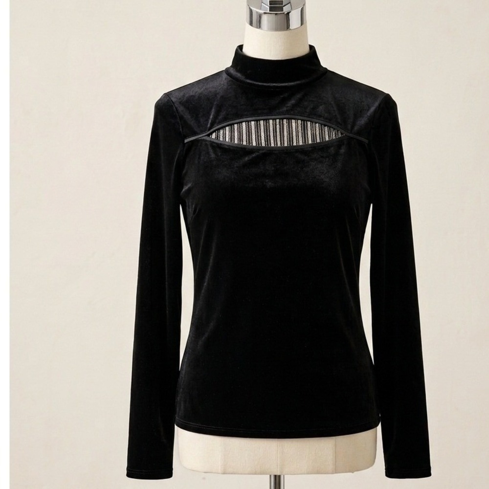 Elie Tahari Velvet Mock Neck Cutout Chain Top‎ Black Whimsigoth Y2K M